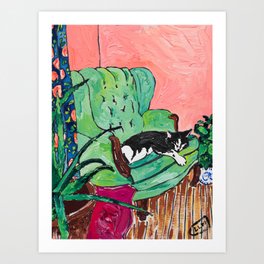 Napping Tuxedo Cat in Overstuffed Sage Green Armchair with Pink Interior After Matisse Painting Art Print