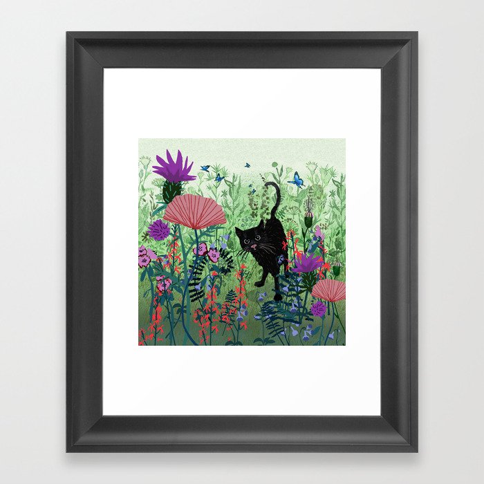 Black Cat in Garden Framed Art Print
