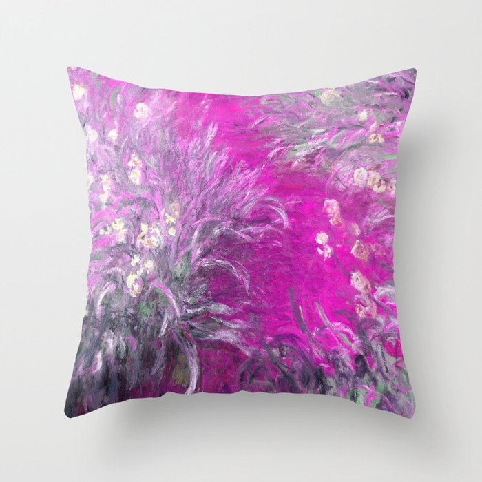 The Path through the Irises floral iris landscape painting by Claude Monet in alternate lavender pink Throw Pillow