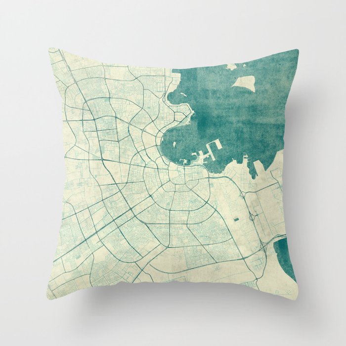 Doha Map Blue Vintage Throw Pillow