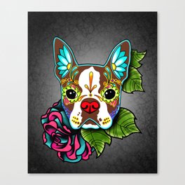 Boston Terrier in Red - Day of the Dead Sugar Skull Dog Canvas Print