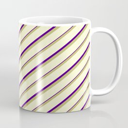 [ Thumbnail: Dark Khaki, Light Yellow & Indigo Colored Lined/Striped Pattern Coffee Mug ]