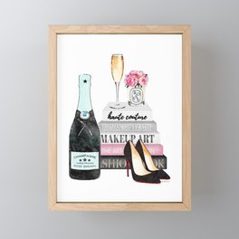 Champagne, pink ,Teal, books ,shoes, peonies ,Peony, Fashion illustration, Fashion ,Aman Framed Mini Art Print