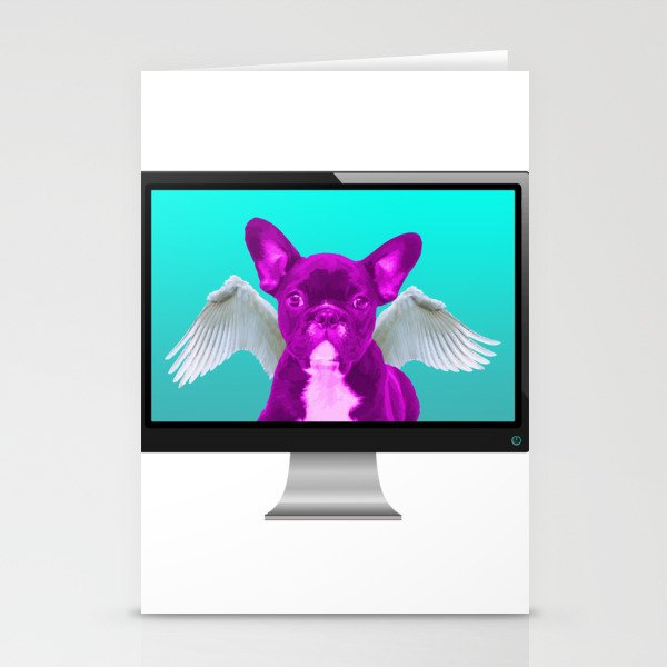 Funny Pink French Bulldog with Angel Wings in Computer Screen Stationery Cards