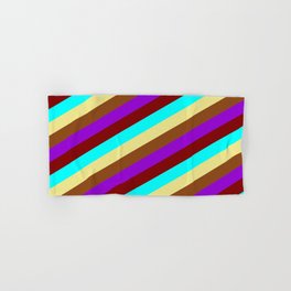 [ Thumbnail: Vibrant Maroon, Aqua, Tan, Brown, and Dark Violet Colored Pattern of Stripes Hand & Bath Towel ]