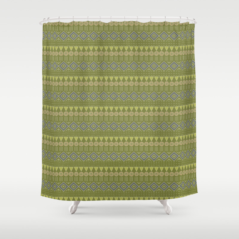 Mudcloth 2 In Olive Apple Green Tan And Gray Shower Curtain By