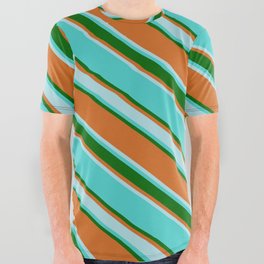 [ Thumbnail: Turquoise, Dark Green, Chocolate & Powder Blue Colored Lines Pattern All Over Graphic Tee ]
