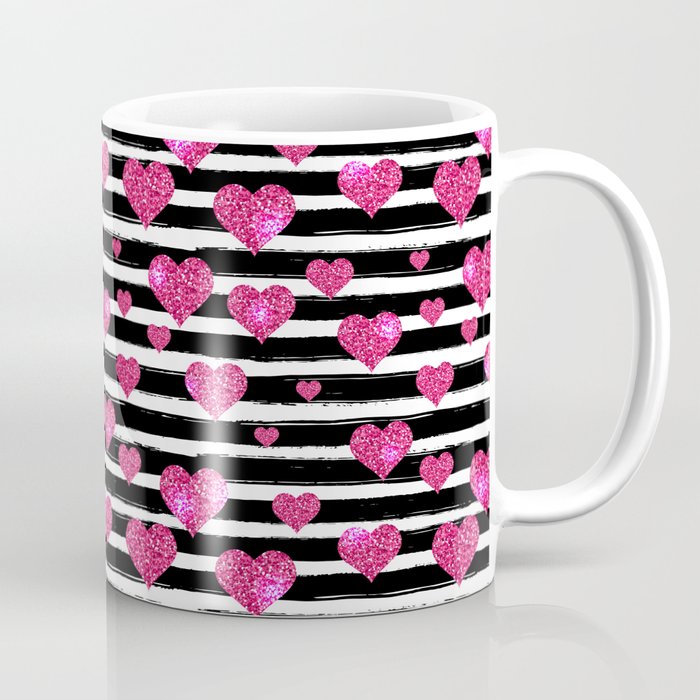 Black Stripes and Pink Hearts | Glitter Chic Pattern 09 Coffee Mug