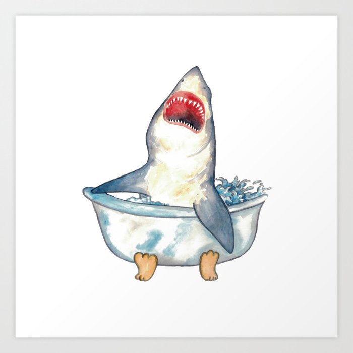 Shark taking bath watercolor Art Print