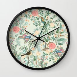 Chinoiserie Mint Green Pink Fresco Floral Garden Oriental Botanical  Wall Clock