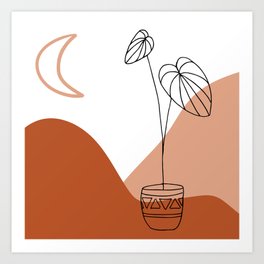 Boho Tan Mountain Plants & Moon Art Print