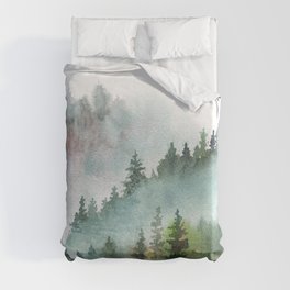 Watercolor Pine Forest Mountains in the Fog Duvet Cover
