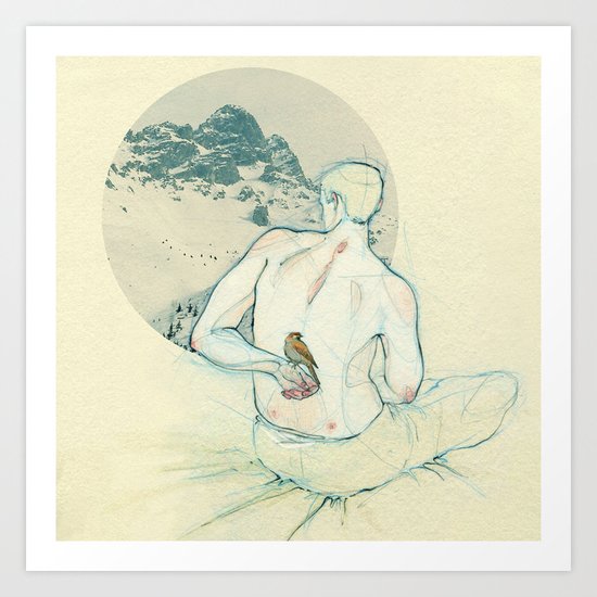 Boy and bird. Art Print