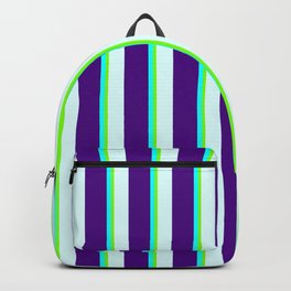 [ Thumbnail: Light Cyan, Indigo, Aqua, and Green Colored Lined/Striped Pattern Backpack ]