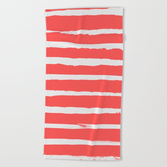 Irregular Hand Painted Stripes Coral Red Beach Towel