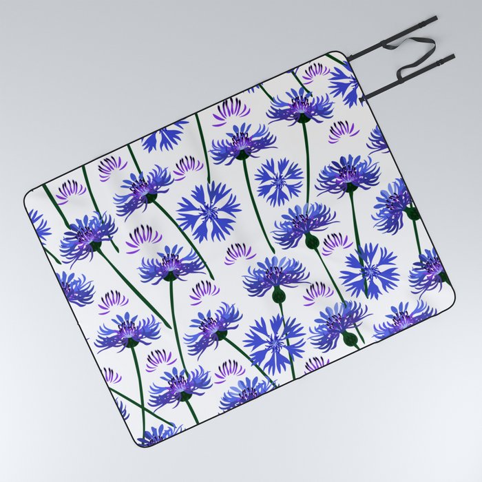  Garden with cornflowers, wild flowers, white background. Picnic Blanket