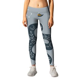Magical Snake Astrological Symbols Constellations Blue Colours Star Moon Sign Midcentury Modern Cool Magical Mystical Abstract Art Bohemian Boho Style Trendy  Leggings