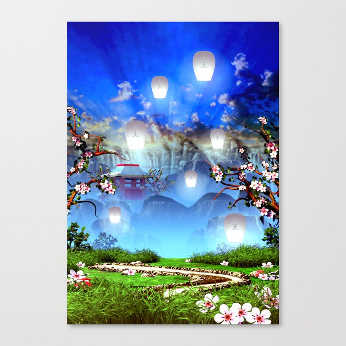 White lanterns with cherry blossom and mountain temple Canvas Print