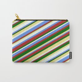[ Thumbnail: Colorful Tan, Mint Cream, Cornflower Blue, Red, and Dark Green Colored Stripes Pattern Carry-All Pouch ]