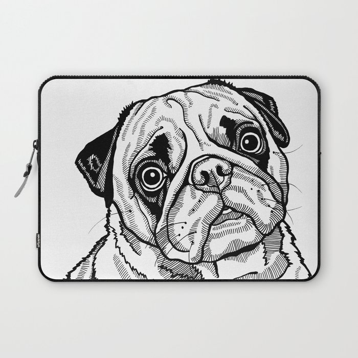 Cute Pug Dog Black and White Pop Art, Line Drawing Portrait of a Pug Laptop Sleeve