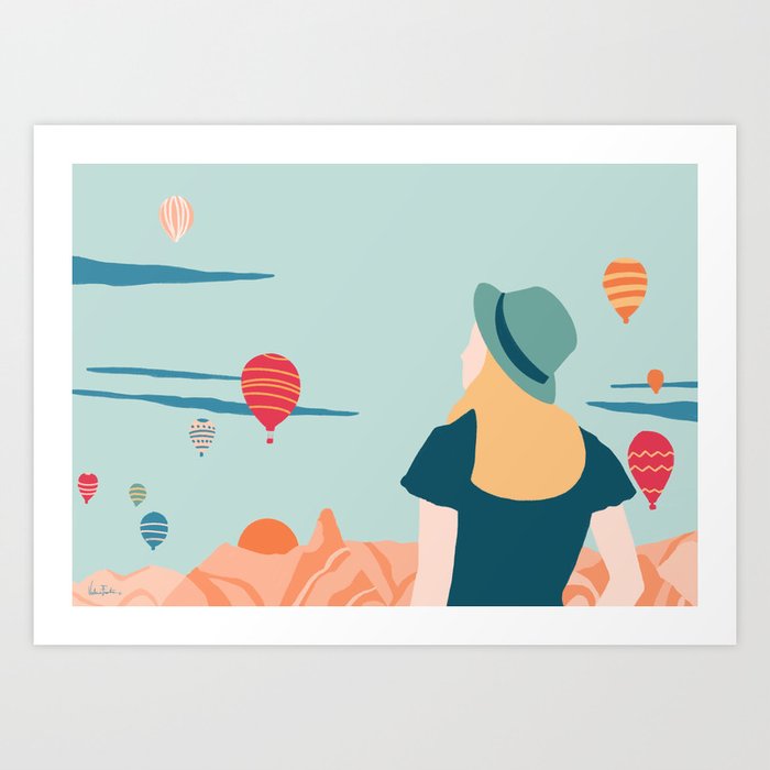 Cappadocia, girl looking at hot-air baloons Art Print