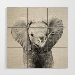Baby Elephant - Black & White Wood Wall Art