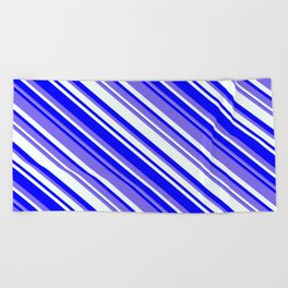 [ Thumbnail: Medium Slate Blue, Mint Cream, and Blue Colored Lines Pattern Beach Towel ]