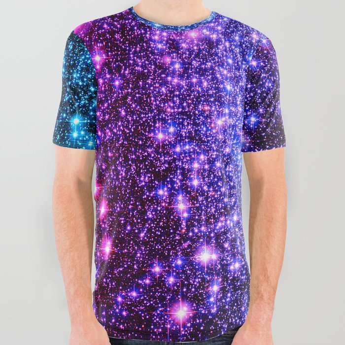 Glitter Galaxy Stars Turquoise Blue Purple Hot Pink Ombre All Over Graphic Tee
