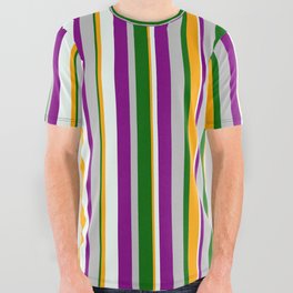 [ Thumbnail: Colorful Grey, Purple, Mint Cream, Orange, and Dark Green Colored Stripes/Lines Pattern All Over Graphic Tee ]