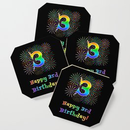 [ Thumbnail: 3rd Birthday - Fun Rainbow Spectrum Gradient Pattern Text, Bursting Fireworks Inspired Background Coaster ]