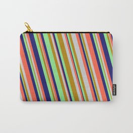 [ Thumbnail: Midnight Blue, Red, Light Grey, Dark Goldenrod & Light Green Colored Lined/Striped Pattern Carry-All Pouch ]