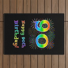 [ Thumbnail: 90th Birthday - Fun Rainbow Spectrum Gradient Pattern Text, Bursting Fireworks Inspired Background Outdoor Rug ]