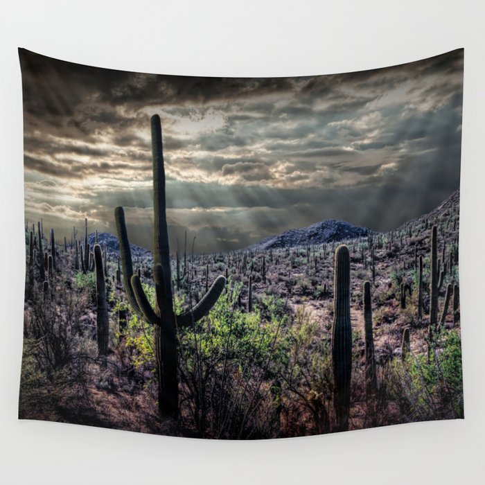 Saguaro Cactuses with Sunbeams Wall Tapestry