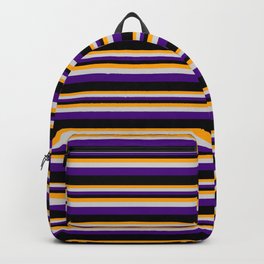 [ Thumbnail: Orange, Light Grey, Indigo & Black Colored Pattern of Stripes Backpack ]