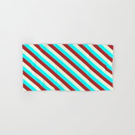 [ Thumbnail: Aqua, Red & Beige Colored Pattern of Stripes Hand & Bath Towel ]