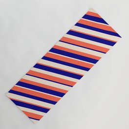 [ Thumbnail: Red, Blue & Beige Colored Striped Pattern Yoga Mat ]