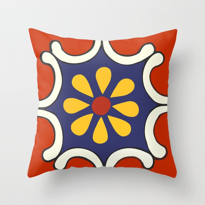 Talavera Mexican Bold Yellow Flora with Red Background Throw Pillow