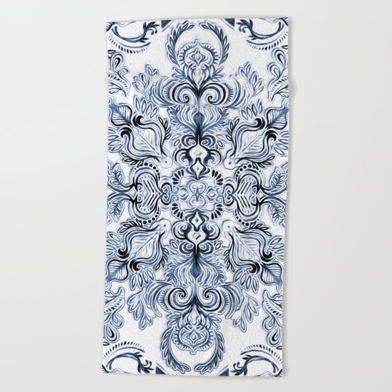 Indigo, Navy Blue and White Calligraphy Doodle Pattern Beach Towel