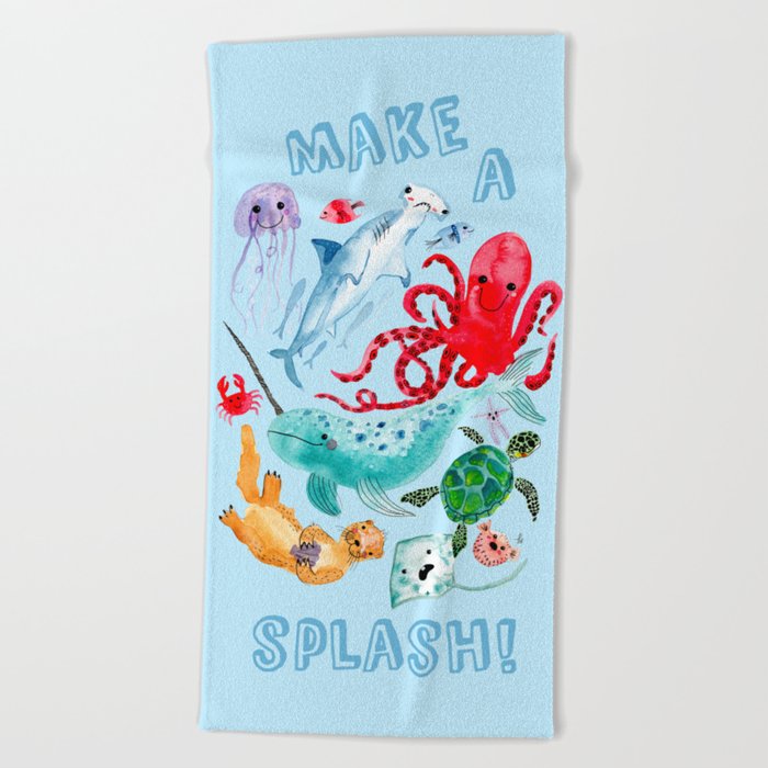 Ocean Creatures - Sea Animals Characters - Watercolor Beach Towel