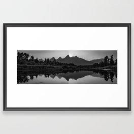 Snake River Reflections Of Grand Tetons At Sunset Panorama - Black and White Framed Art Print