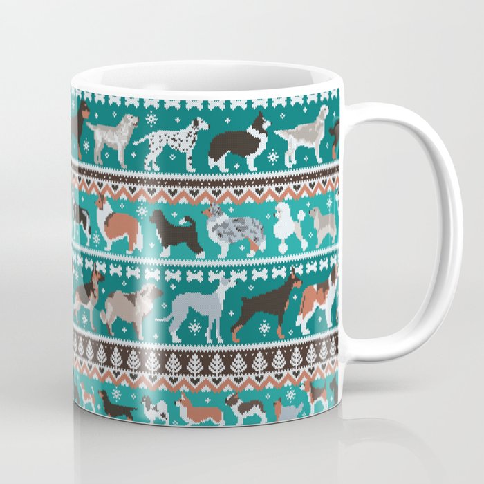 Fluffy and bright fair isle knitting doggie friends // pine and java green background brown orange white and grey dog breeds  Coffee Mug