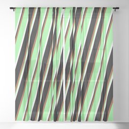 [ Thumbnail: Sienna, Green, White & Black Colored Lined Pattern Sheer Curtain ]