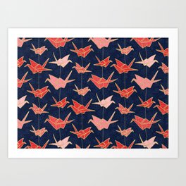 Red origami cranes on navy blue Art Print