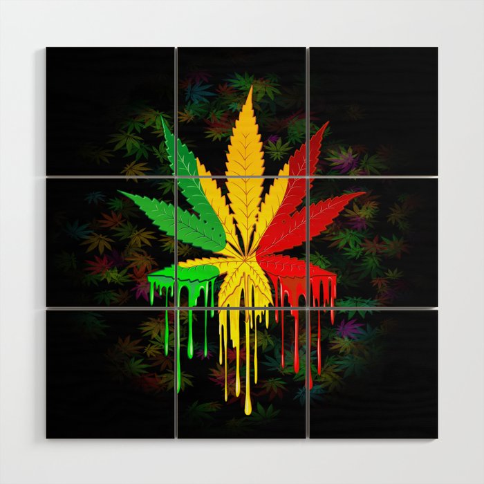 Marijuana Leaf Rasta Colors Dripping Paint Wood Wall Art