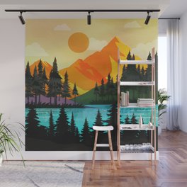 Colorful sunset near the peaceful forest lake Wall Mural