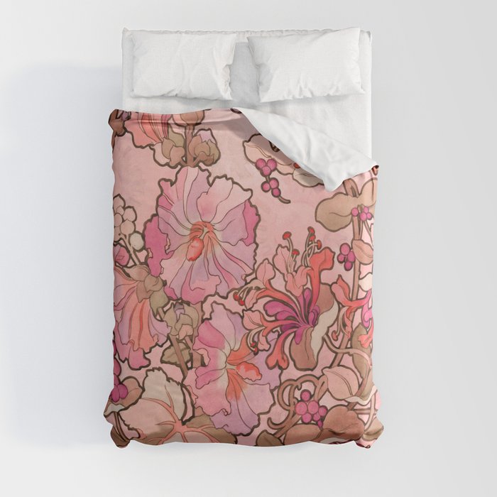 Alphonse Mucha "Printed textile design with hollyhocks in foreground" (edited red) Duvet Cover