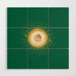 Watercolor Seashell Gold Circle Pendant on Green Wood Wall Art