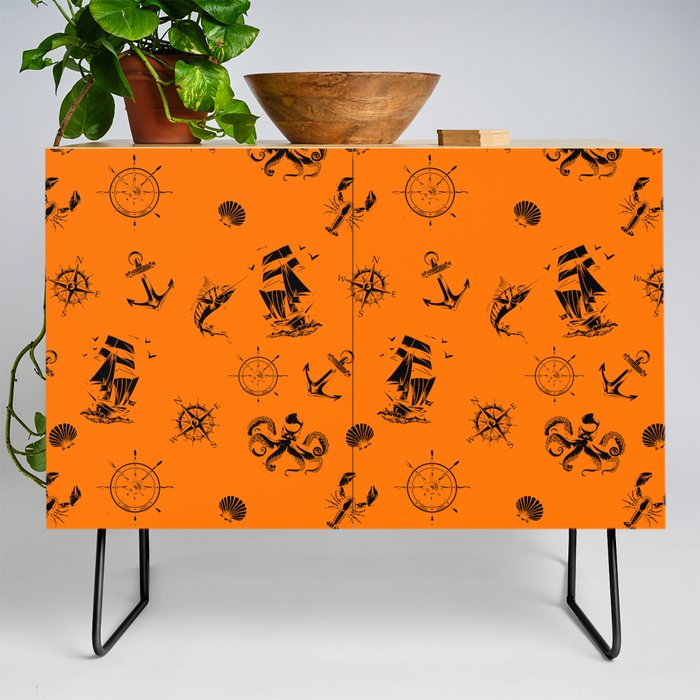 Orange And Black Silhouettes Of Vintage Nautical Pattern Credenza