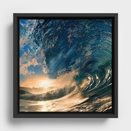 Beach - Waves - Ocean - Sun - Clouds - Blues - Sundown Framed Canvas