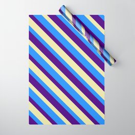 [ Thumbnail: Blue, Indigo, and Pale Goldenrod Colored Striped Pattern Wrapping Paper ]